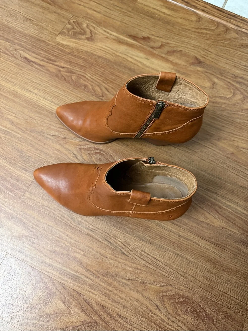 Frye Cognac Leather Ankle Booties with Stacked Heel